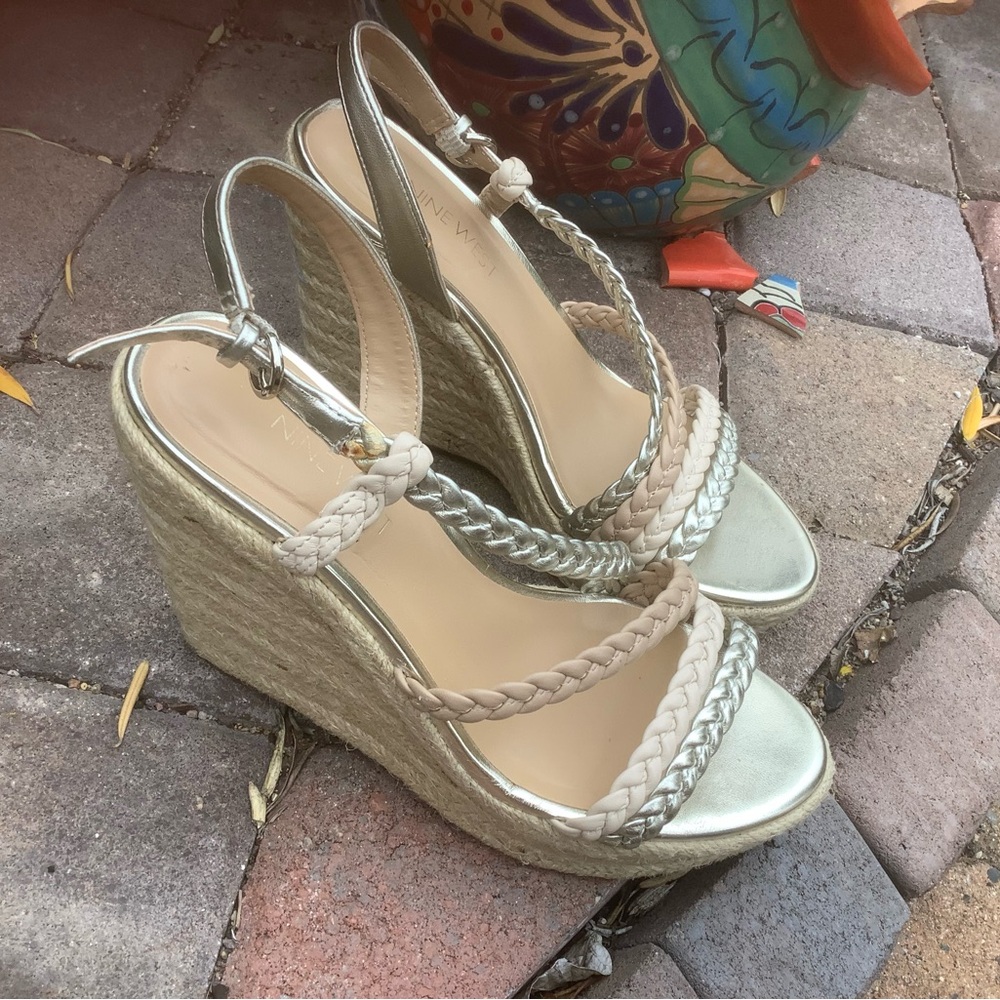Nine West Espadrille Wedge Sandals - Metallic Silver & Beige